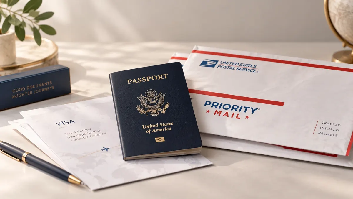 A U.S. passport next to a USPS Priority Mail envelope, ready to be mailed
